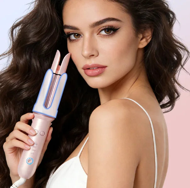 Model holding the DYHOO Automatic Curling Iron beside soft curls