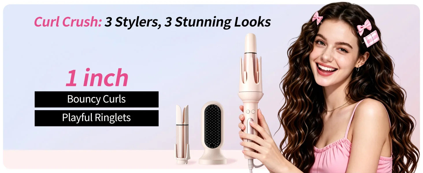 Defined one-inch curls shown with the DYHOO 3-in-1 Styling Set