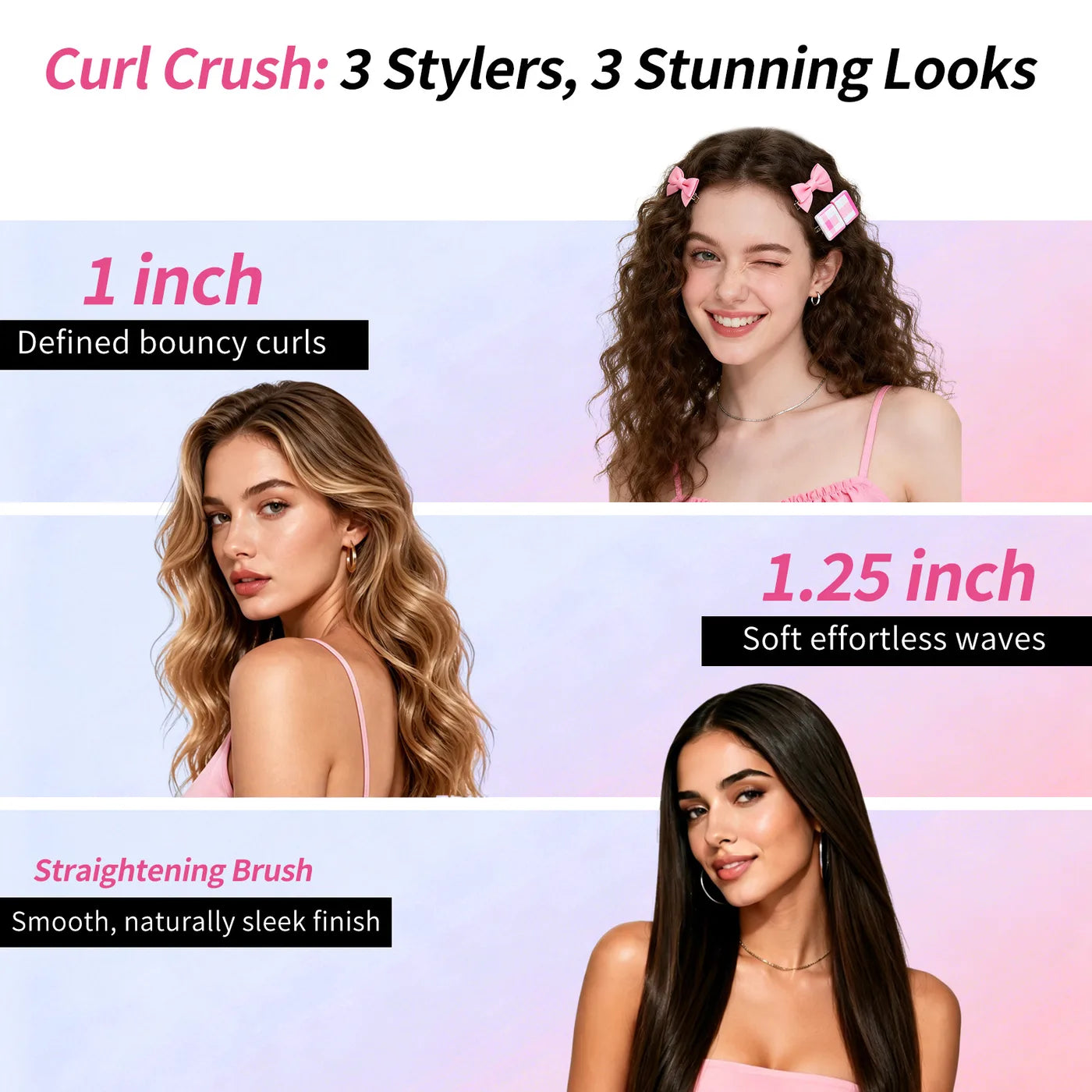 Defined curls, soft waves, and a sleek finish shown with the three DYHOO 3-in-1 Styling Set attachments