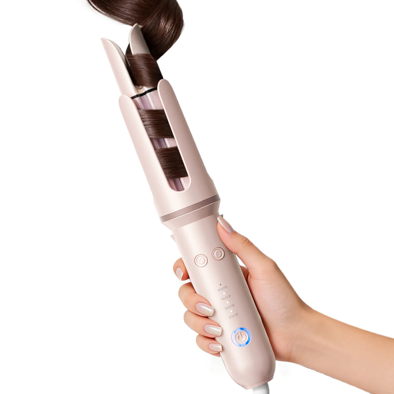 Open pink DYHOO Automatic Curling Iron wrapping a section of hair