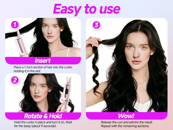 Three steps for using the DYHOO Automatic Curling Iron: insert, rotate and hold, then release