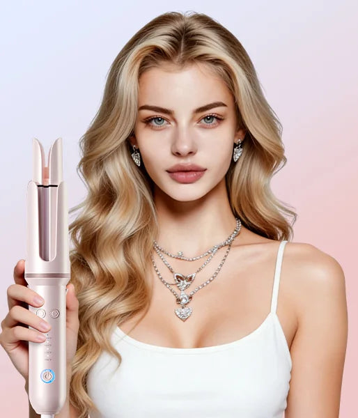 Model holding the DYHOO Automatic Curling Iron with softly waved hair