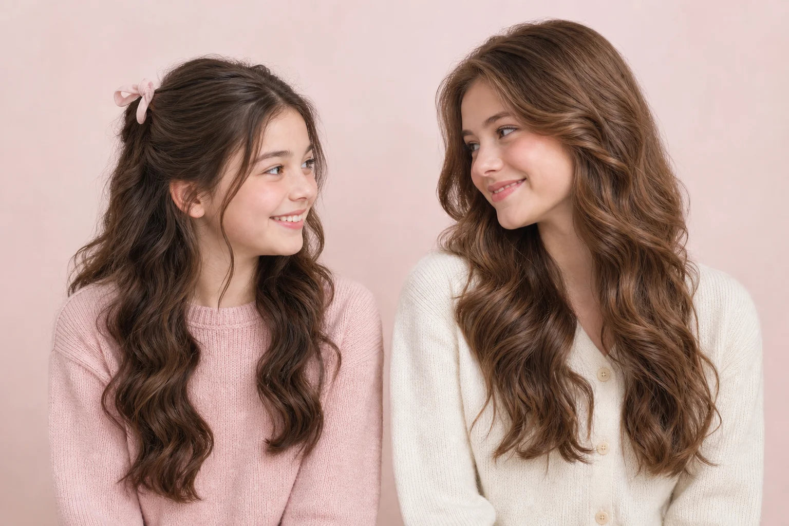 Hairstyle illustration of two young models with loose waves and a half-up style