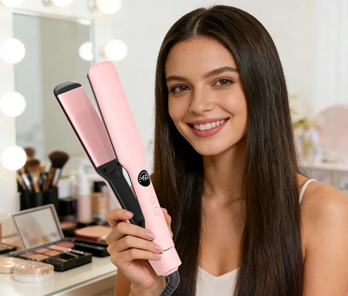 Model holding the DYHOO Ceramic Hair Straightener with a sleek finish