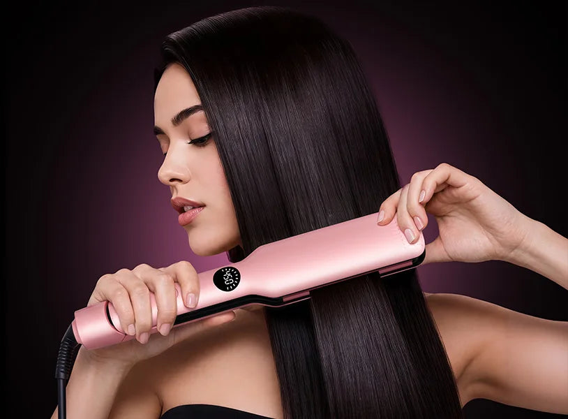 Model using the DYHOO Ceramic Hair Straightener on sleek hair
