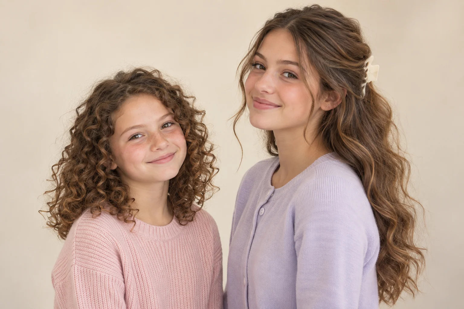 Hairstyle illustration of two young models with curly hair and a partly pinned wavy style